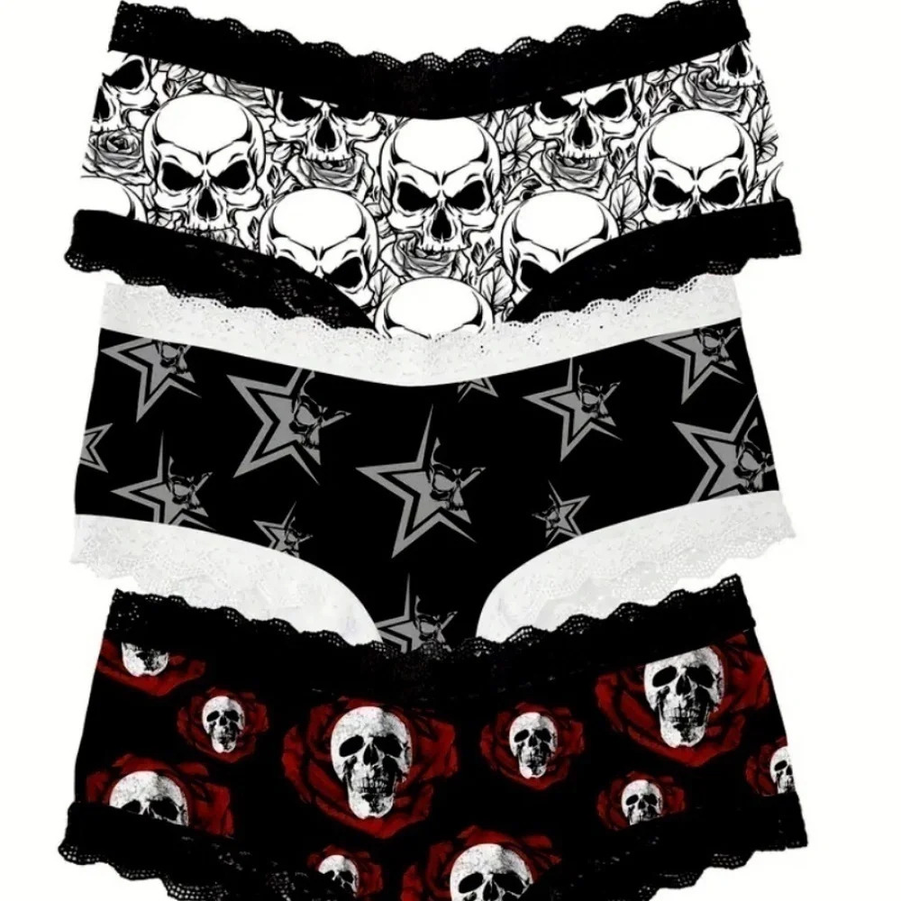 Women's 3pc Skull Print Black Lace Panty Set Size S
